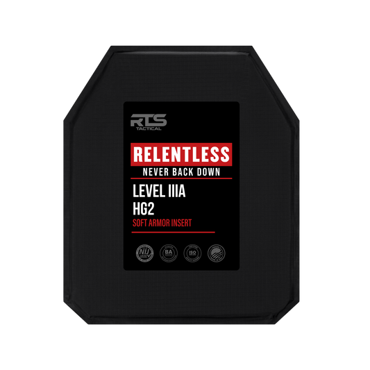 A black body armor panel labeled "Relentless Never Back Down" in bold white and red text. Features "Level IIIA HG2 Soft Armor Insert" with certification icons.