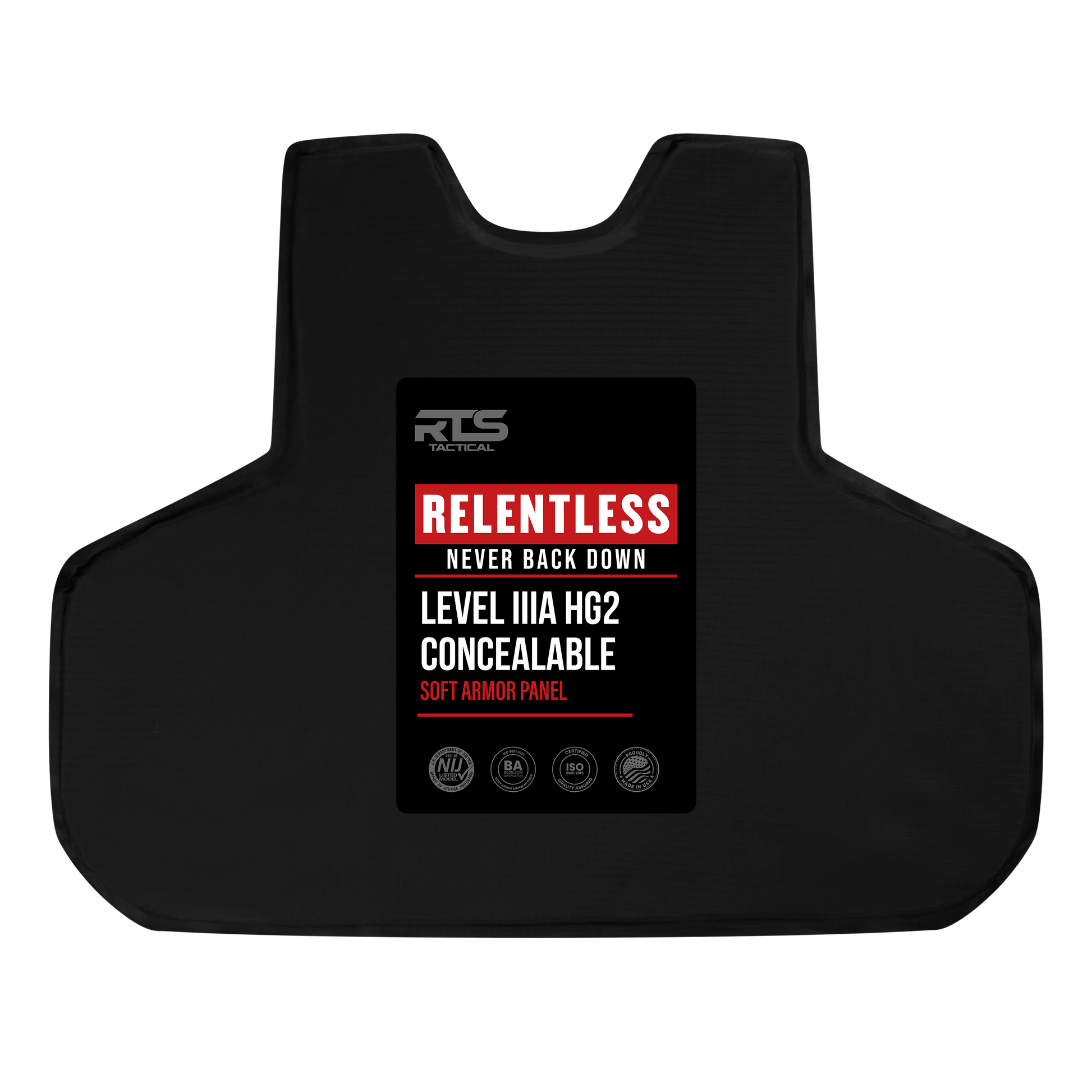 Black tactical vest with labeled panel. Text reads: "RELIENTLES, NEVER BACK DOWN, LEVEL IIIA HG2 CONCEALABLE, SOFT ARMOR PANEL" alongside several symbols.