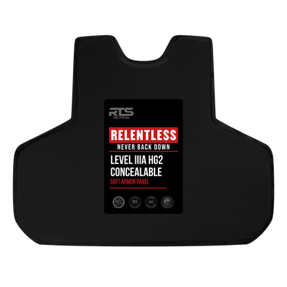 Black tactical vest with labeled panel. Text reads: "RELIENTLES, NEVER BACK DOWN, LEVEL IIIA HG2 CONCEALABLE, SOFT ARMOR PANEL" alongside several symbols.