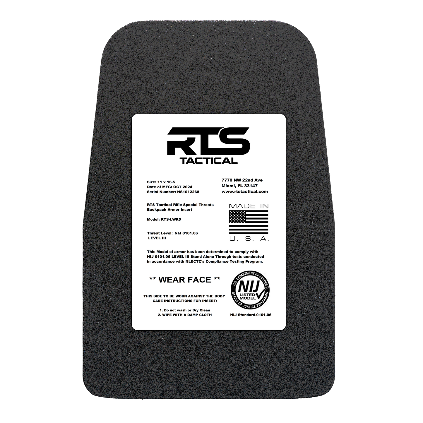 Alt text: Black ballistic armor plate with a white label, featuring "RTS Tactical" branding, American flag icon, and NIJ rating.