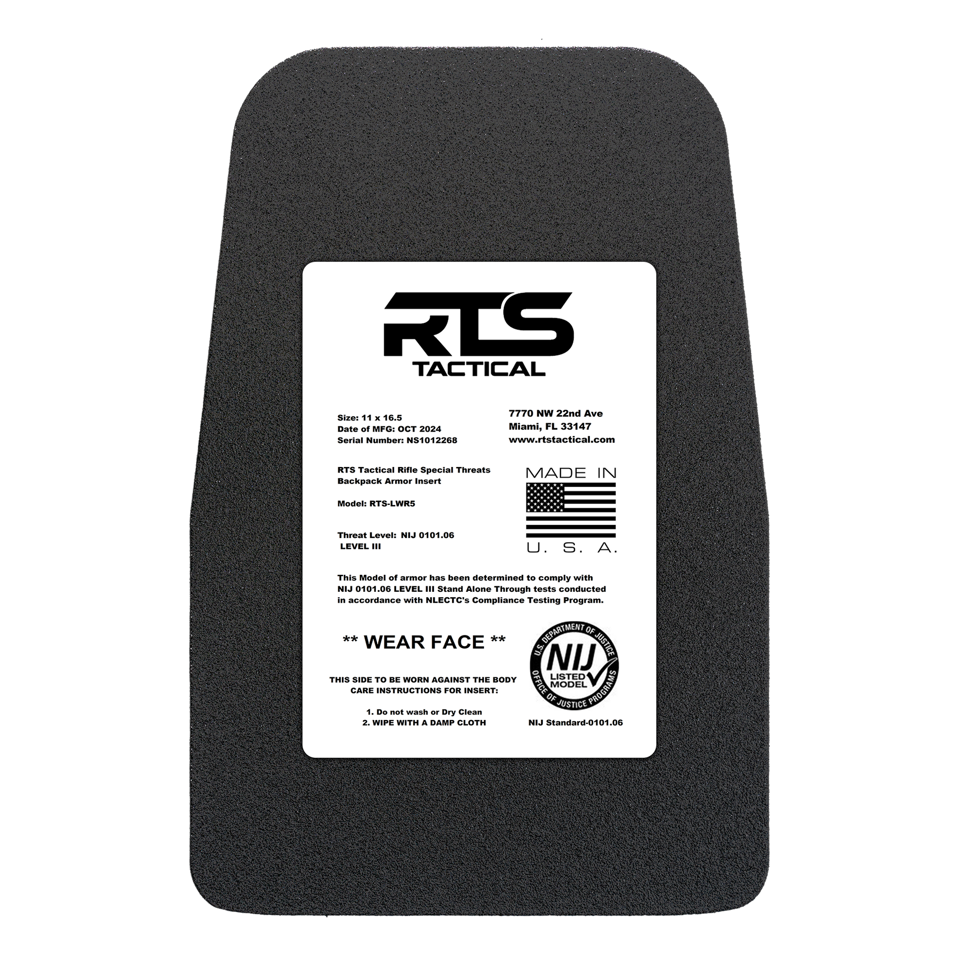 Alt text: Black ballistic armor plate with a white label, featuring "RTS Tactical" branding, American flag icon, and NIJ rating.