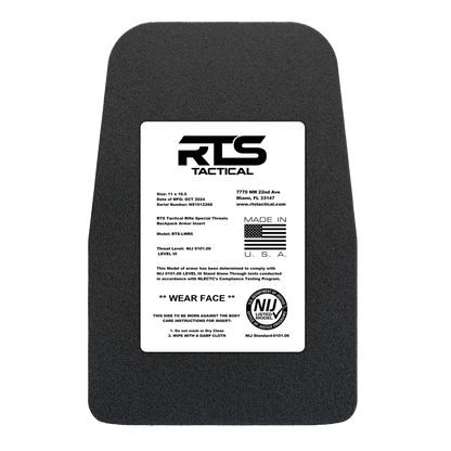 Alt text: Black ballistic armor plate with a white label, featuring "RTS Tactical" branding, American flag icon, and NIJ rating.