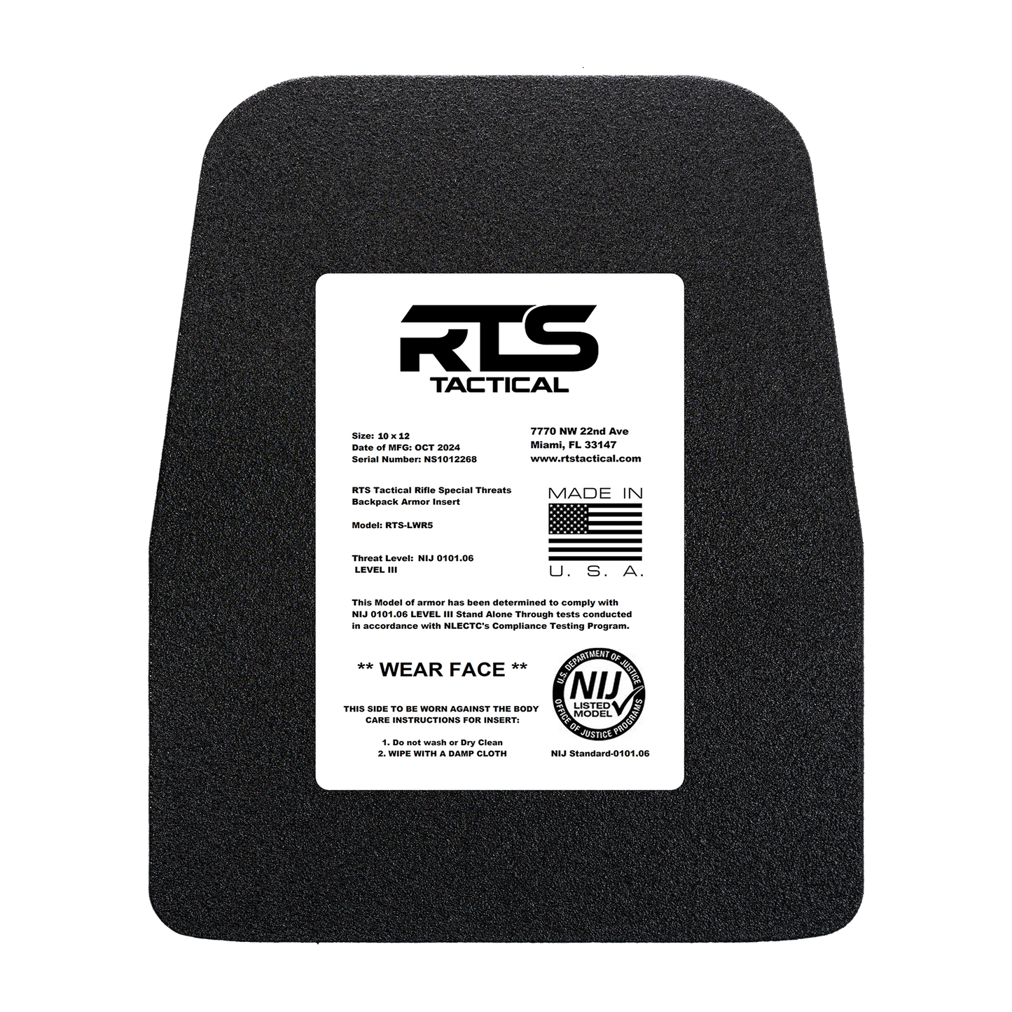 Black armor plate with a white label displaying "RTS Tactical." Text outlines specifications, compliance details, and instructions with a U.S. flag graphic.