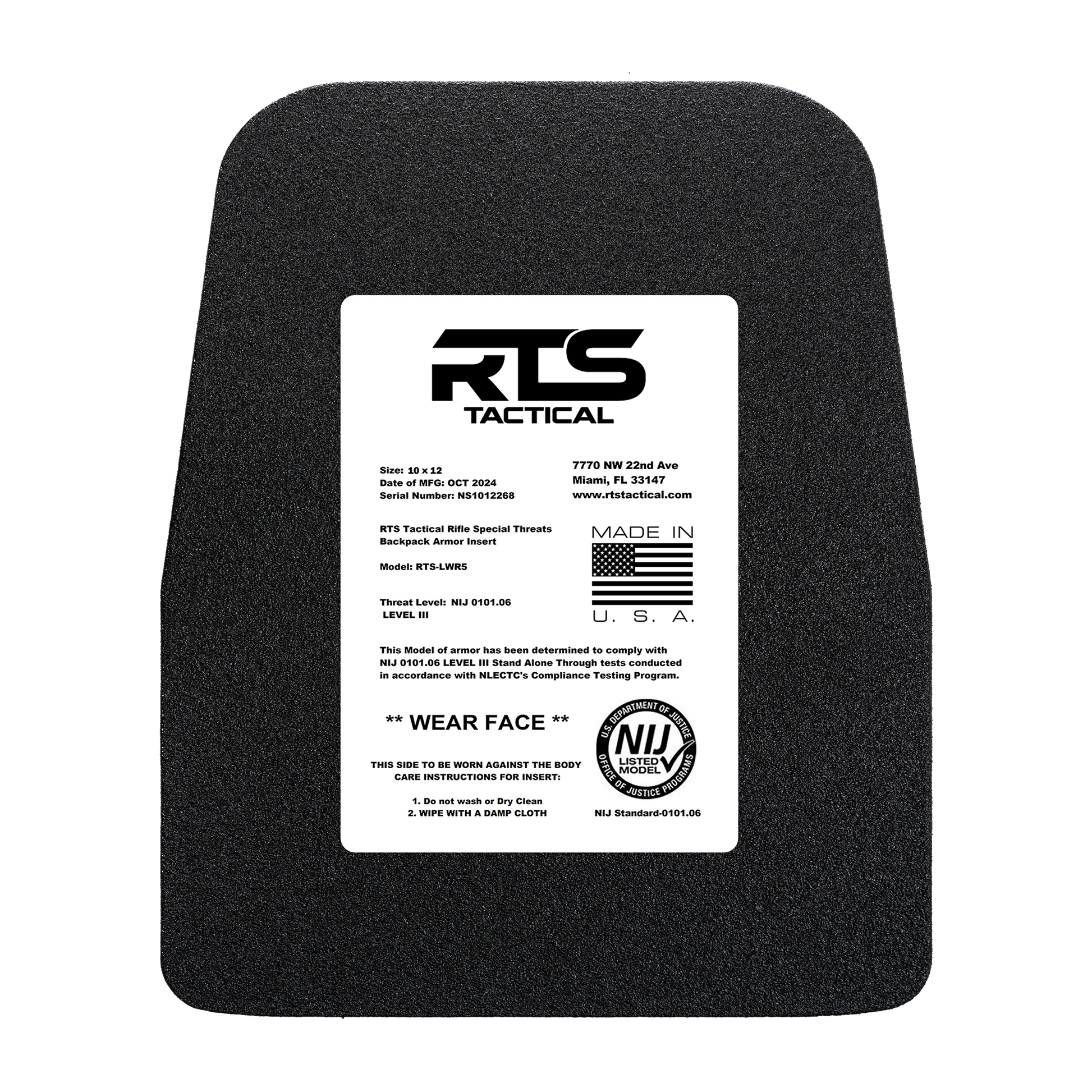 Black armor plate with a white label displaying "RTS Tactical." Text outlines specifications, compliance details, and instructions with a U.S. flag graphic.
