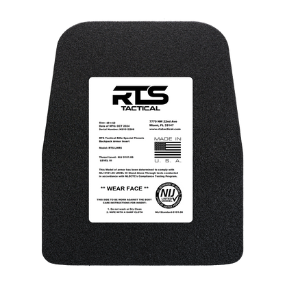 Black armor plate with a white label displaying "RTS Tactical." Text outlines specifications, compliance details, and instructions with a U.S. flag graphic.