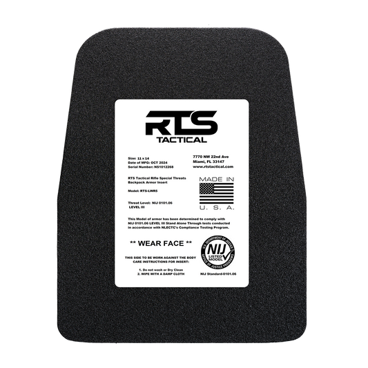 Black armored plate with curved edges. White label on front reads "RTS Tactical," details size, level III threat protection, and U.S. manufacturing.