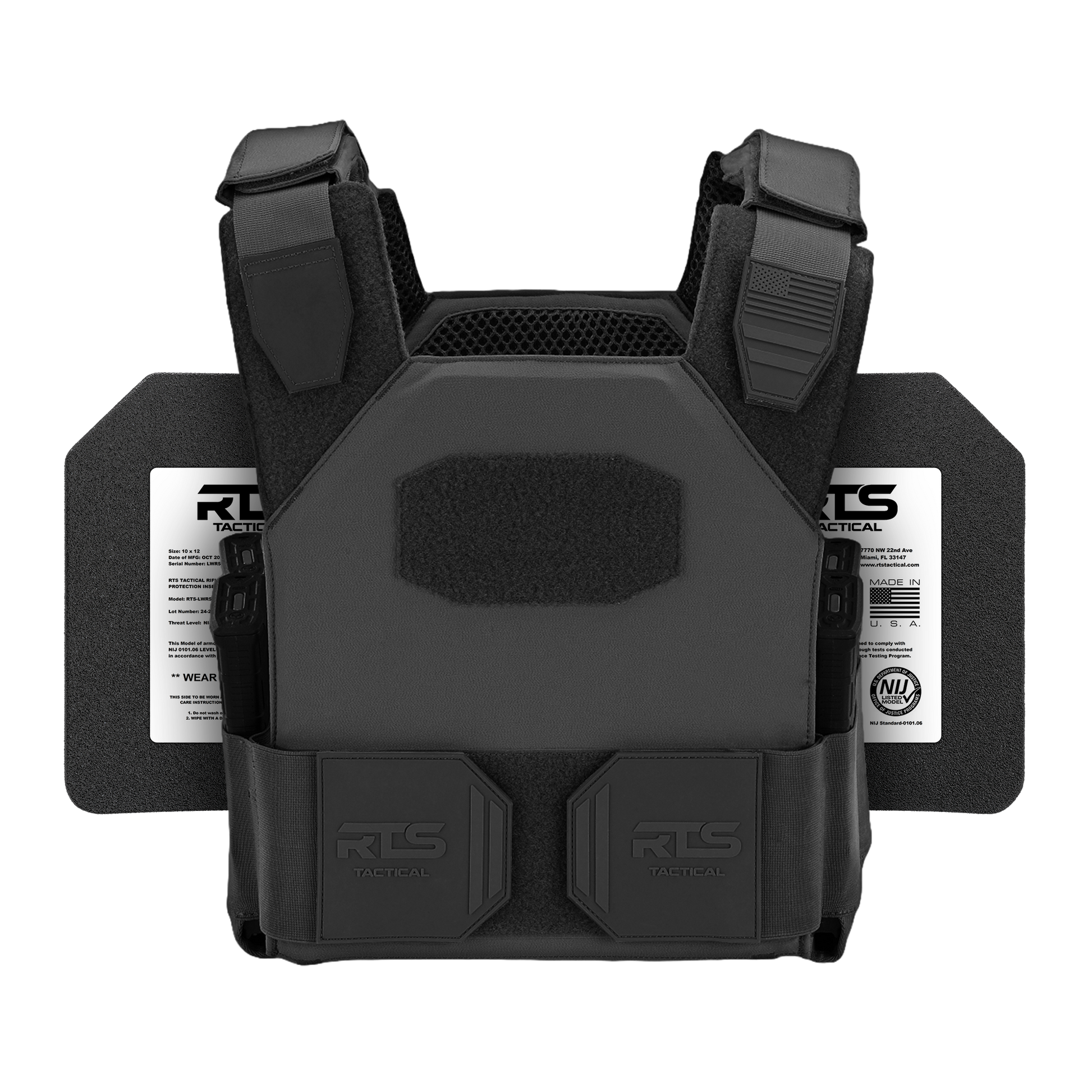 Black tactical vest with rugged shoulder straps in front of two armor panels. Includes "RTS Tactical" logo and information labels, detailing durability and protection.