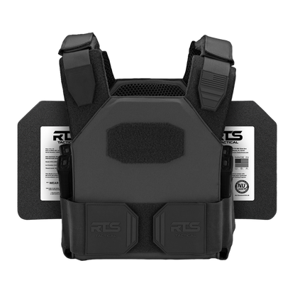 Black tactical vest with rugged shoulder straps in front of two armor panels. Includes "RTS Tactical" logo and information labels, detailing durability and protection.