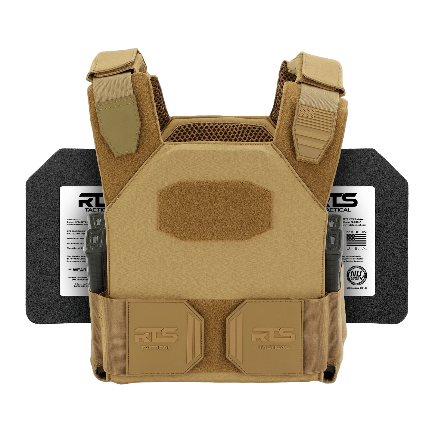 Tan tactical vest with velcro patches, featuring adjustable straps and mesh back. Two black side armor plates visible behind the vest. Rugged, protective design.