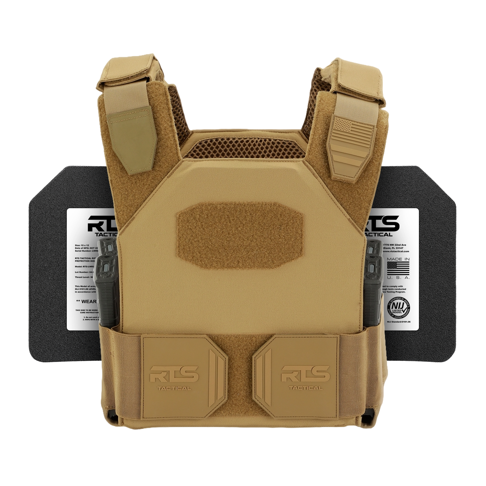 Tan tactical vest with velcro patches, featuring adjustable straps and mesh back. Two black side armor plates visible behind the vest. Rugged, protective design.