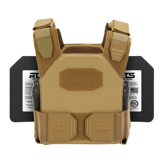Tan tactical vest with velcro patches, featuring adjustable straps and mesh back. Two black side armor plates visible behind the vest. Rugged, protective design.