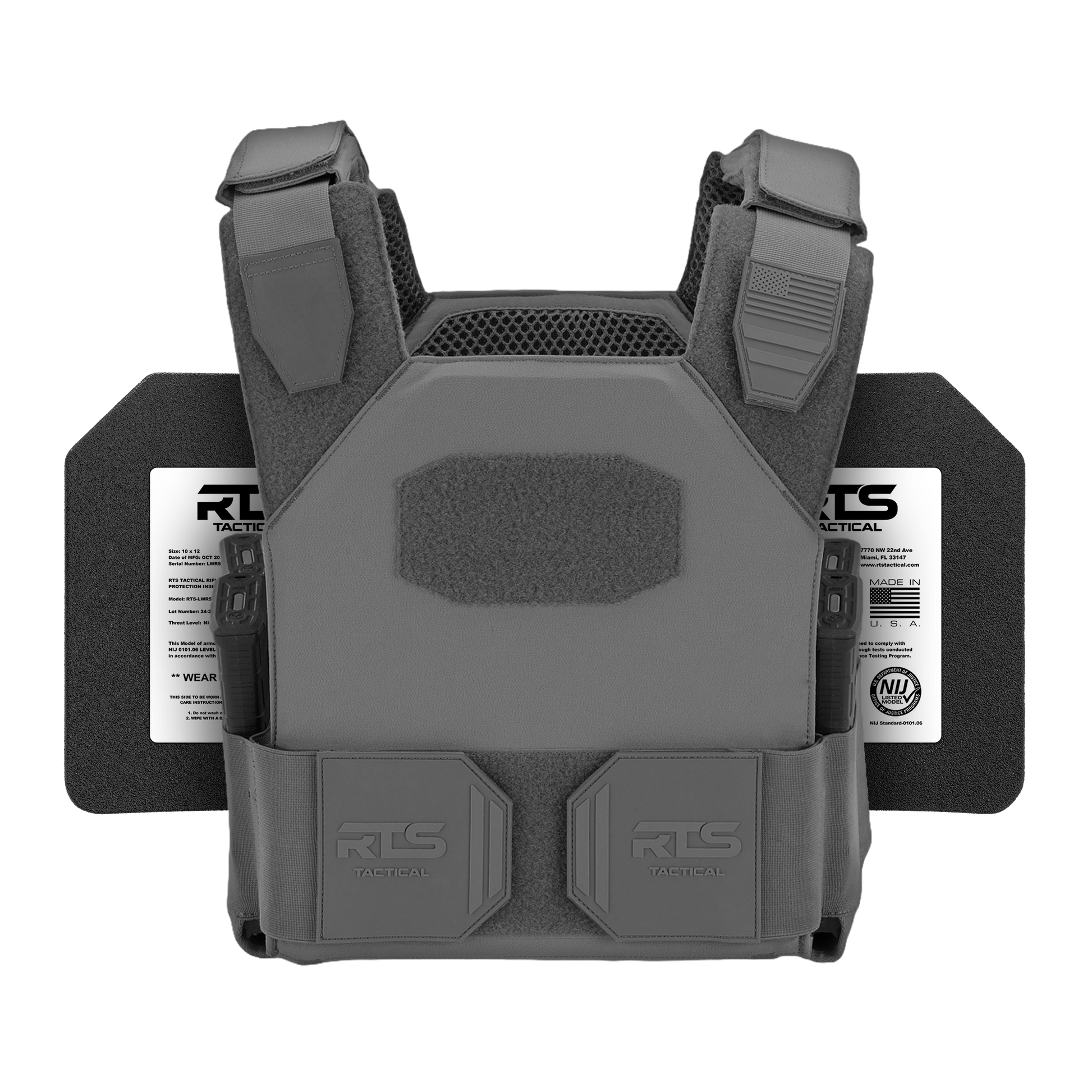 A gray tactical vest with padded shoulder straps and Velcro panels. It's designed for protection, displaying durability and functionality.