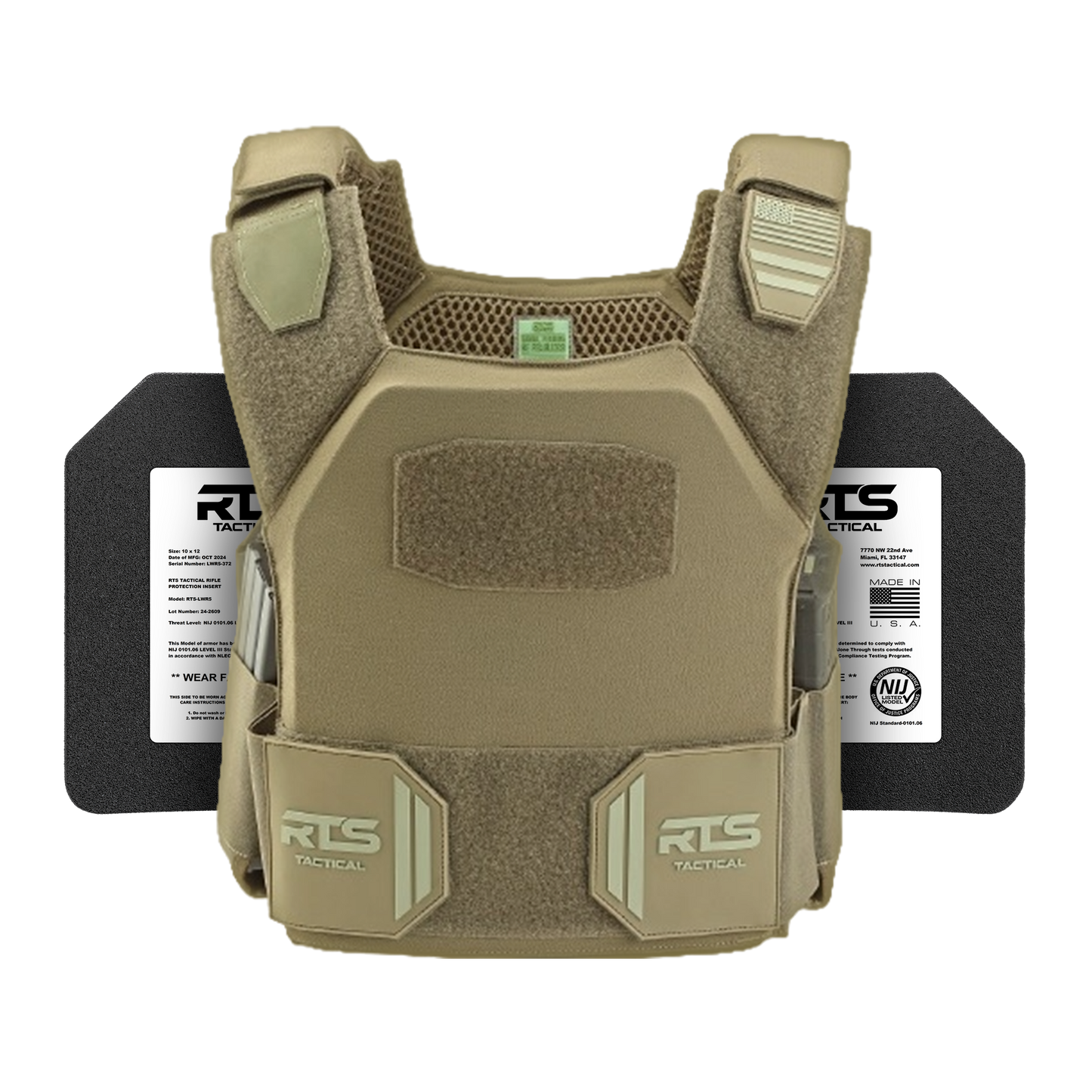 Tan tactical vest with Velcro panels for attachments, featuring cushioned straps. Labeled protective plates are visible behind the vest.