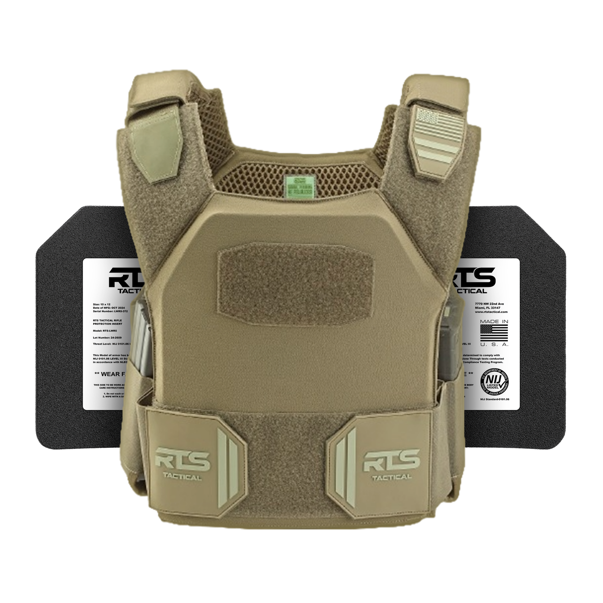 Tan tactical vest with Velcro panels for attachments, featuring cushioned straps. Labeled protective plates are visible behind the vest.