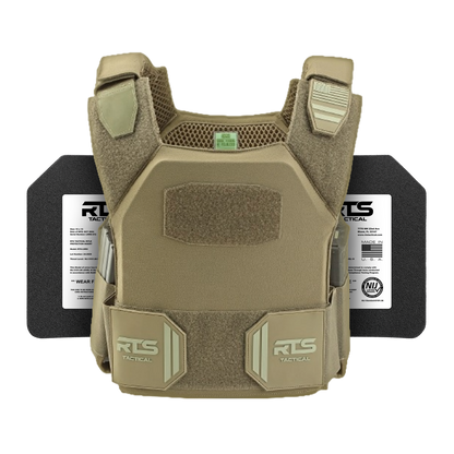 Tan tactical vest with Velcro panels for attachments, featuring cushioned straps. Labeled protective plates are visible behind the vest.
