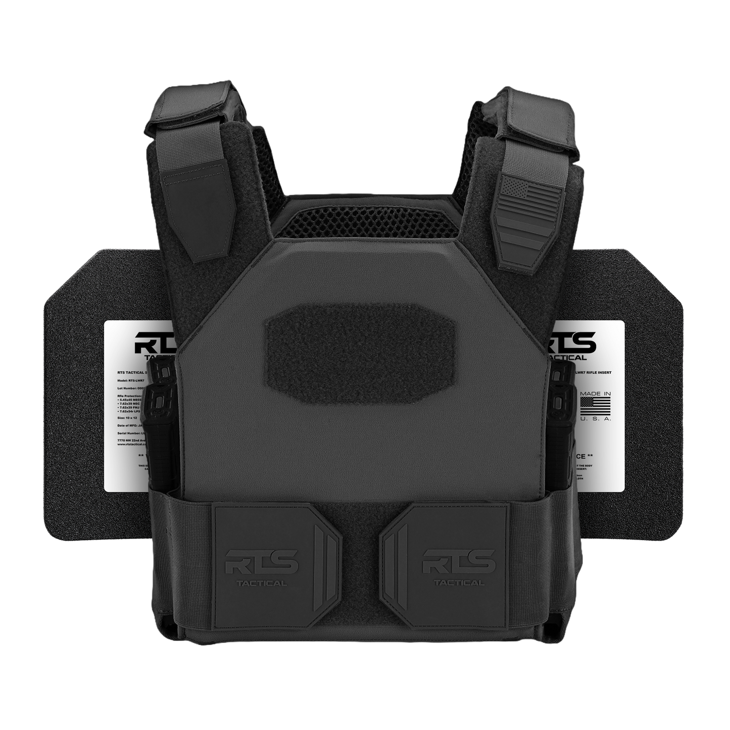 A black tactical vest with padded shoulders and attached plates rests flat against a plain background.