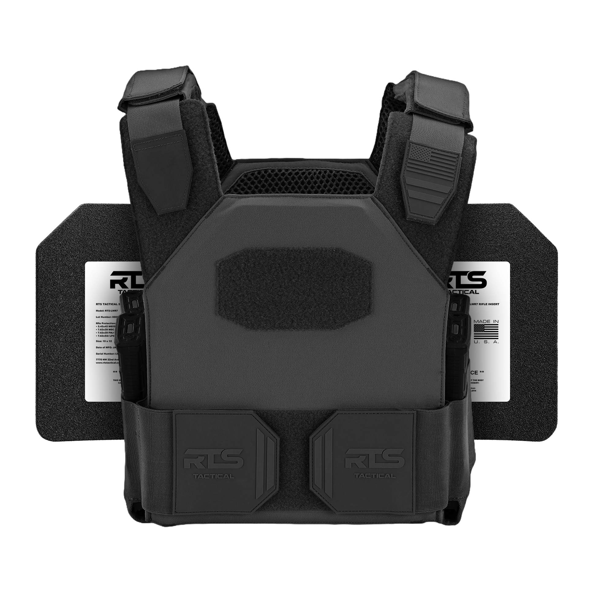 A black tactical vest with padded shoulders and attached plates rests flat against a plain background.