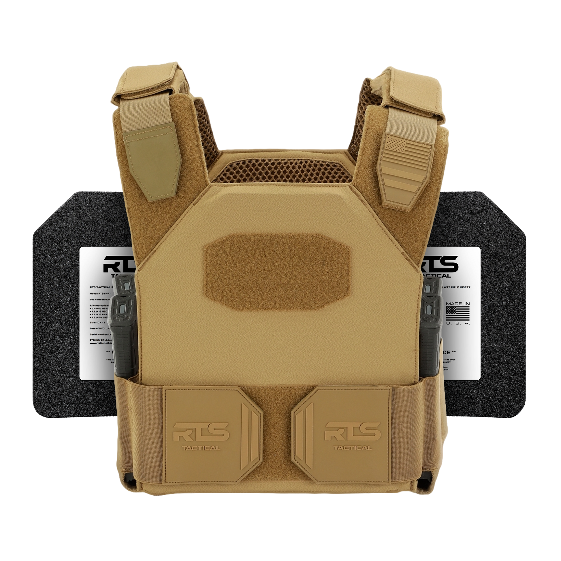 A tan tactical vest is displayed with plate carriers and a holstered firearm, set against a black background.