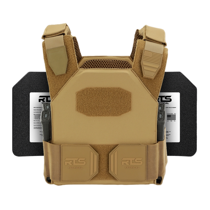 A tan tactical vest is displayed with plate carriers and a holstered firearm, set against a black background.
