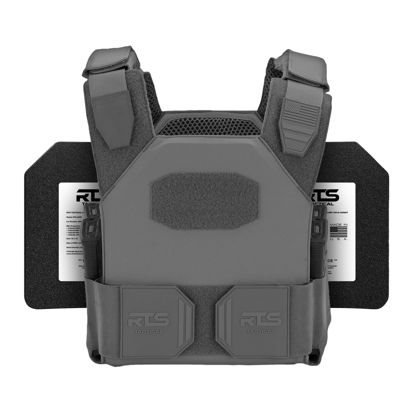 Gray tactical vest with adjustable straps and a placeholder panel for identification, displayed against a black background.