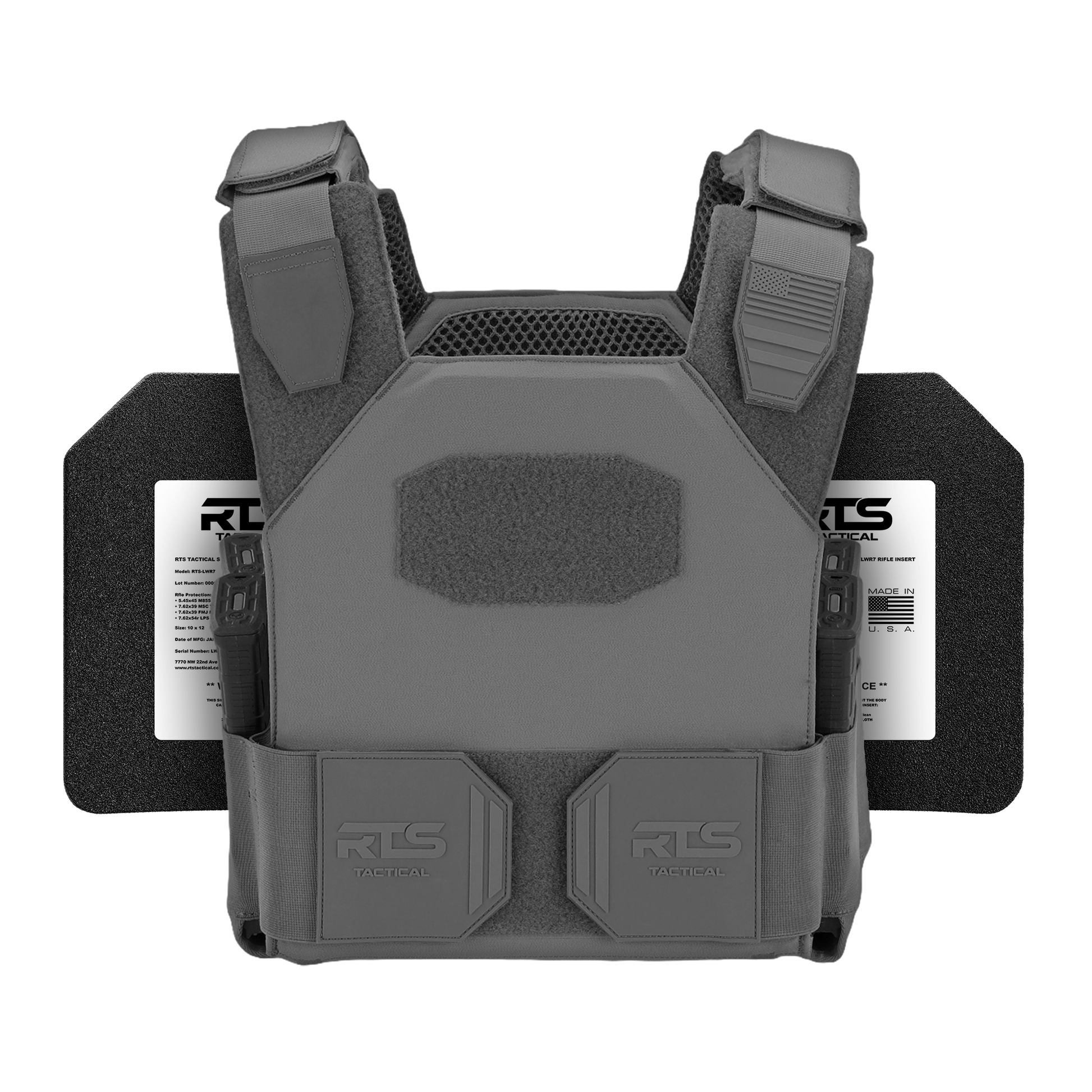 Gray tactical vest with adjustable straps and a placeholder panel for identification, displayed against a black background.