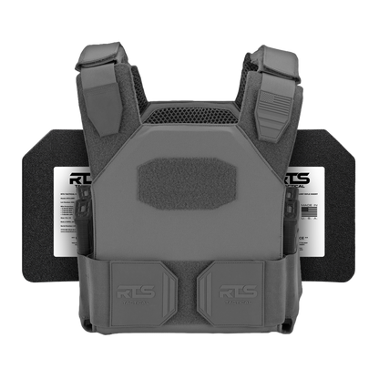 Gray tactical vest with adjustable straps and a placeholder panel for identification, displayed against a black background.