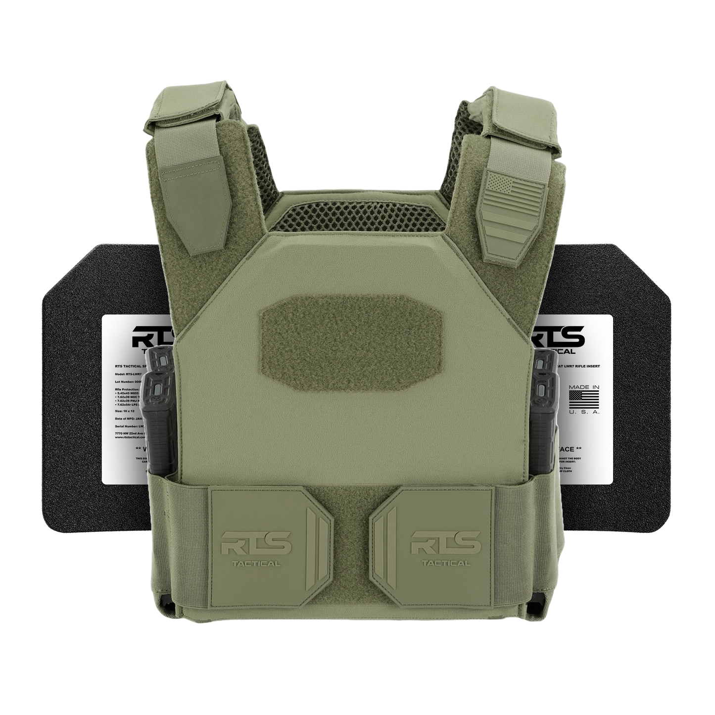 A green tactical vest with magazine pouches is displayed against a black background.