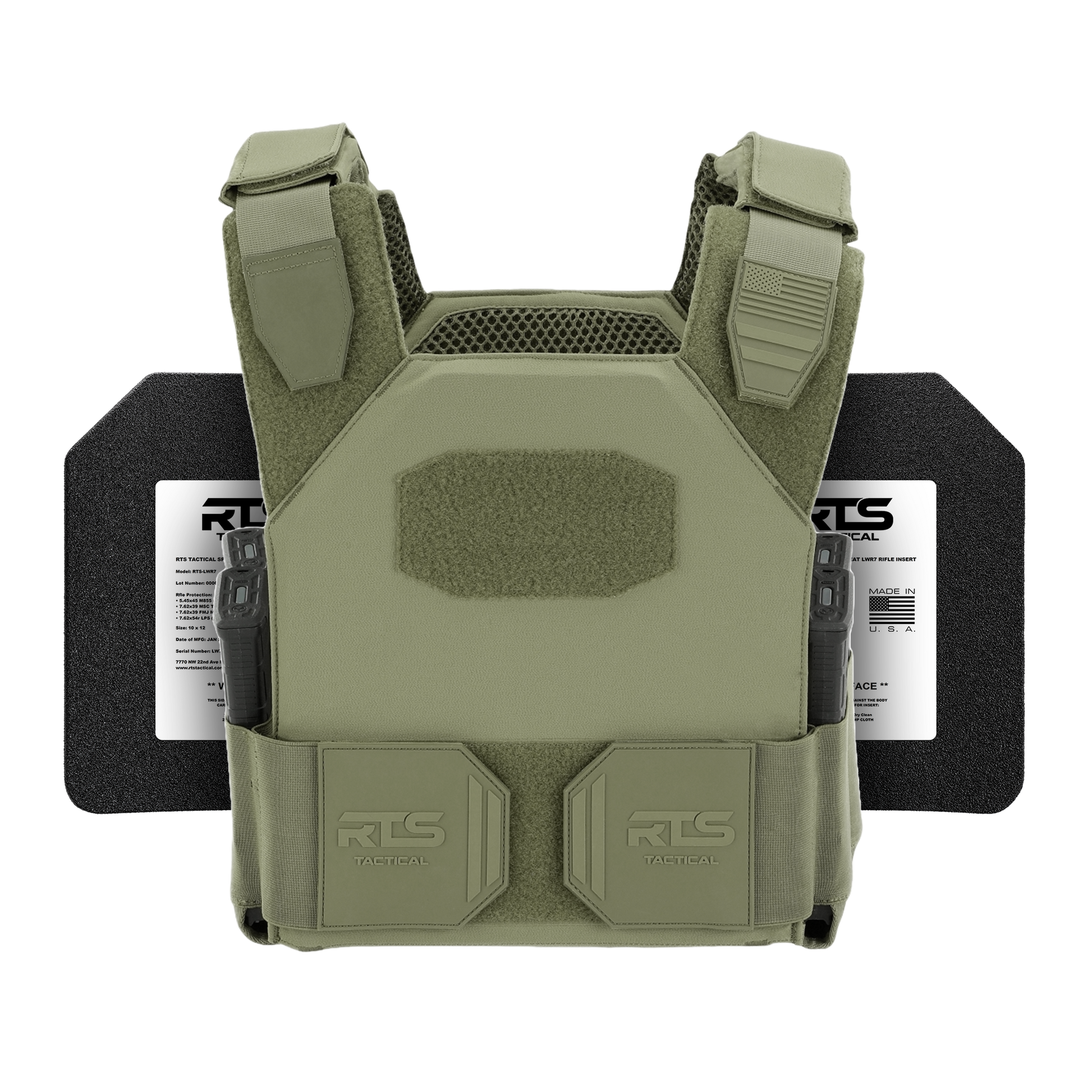 A green tactical vest with magazine pouches is displayed against a black background.