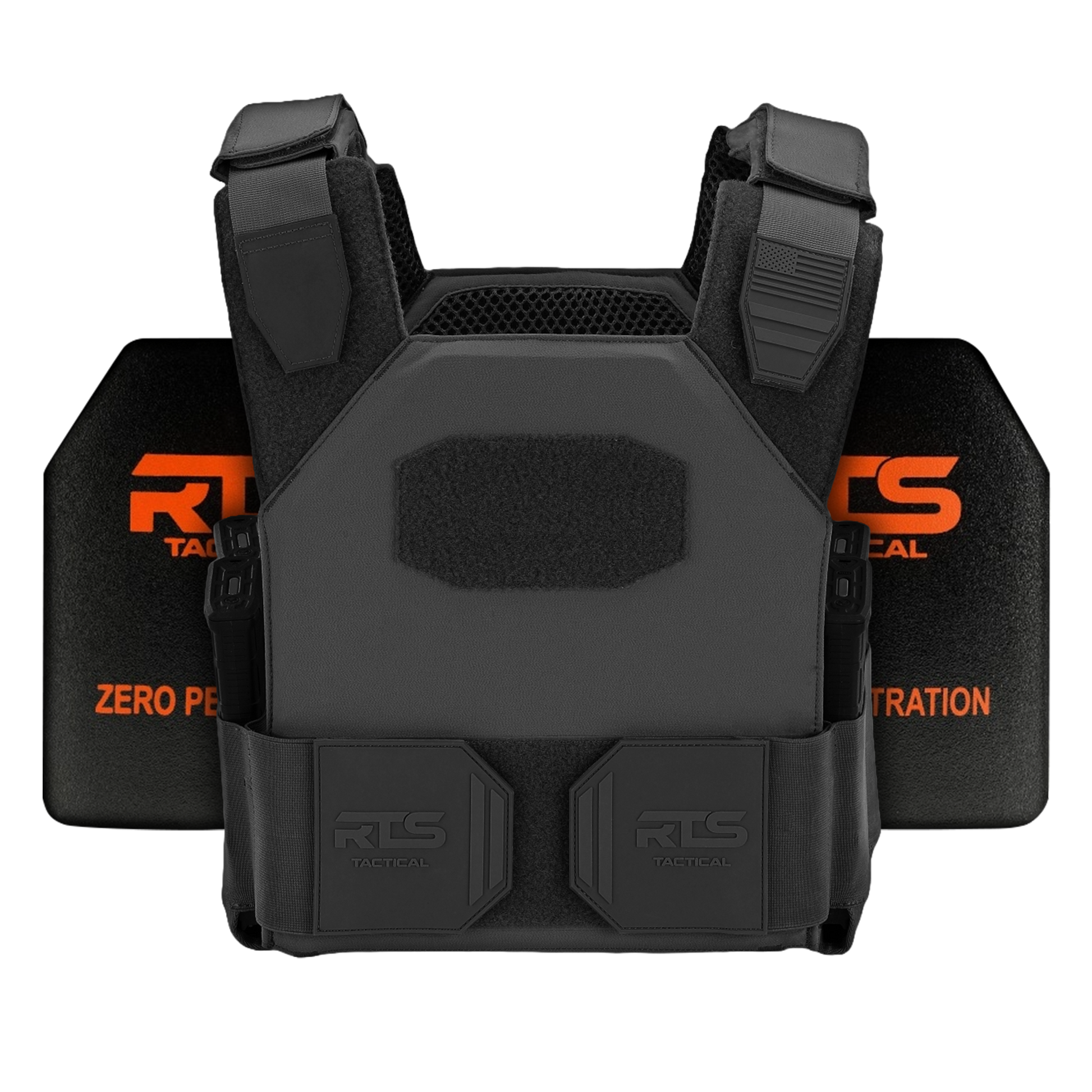 Black tactical vest with two attached black magazine pouches, displayed against two protective panels with orange "RTS Tactical" and "Zero Penetration" text.