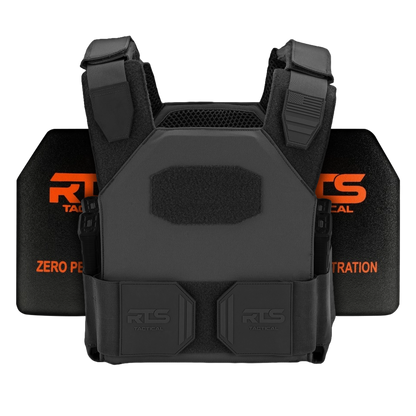 Black tactical vest with two attached black magazine pouches, displayed against two protective panels with orange "RTS Tactical" and "Zero Penetration" text.
