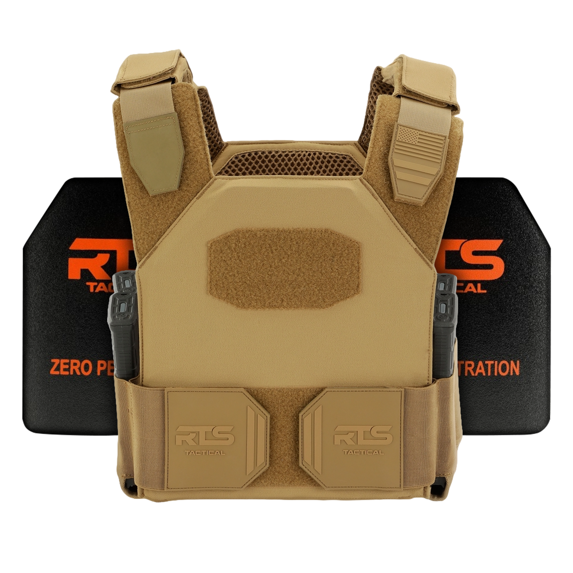 A tan tactical vest with adjustable shoulder straps and two visible pockets, placed in front of two level 4 ceramic panels.