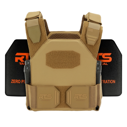 A tan tactical vest with adjustable shoulder straps and two visible pockets, placed in front of two level 4 ceramic panels.