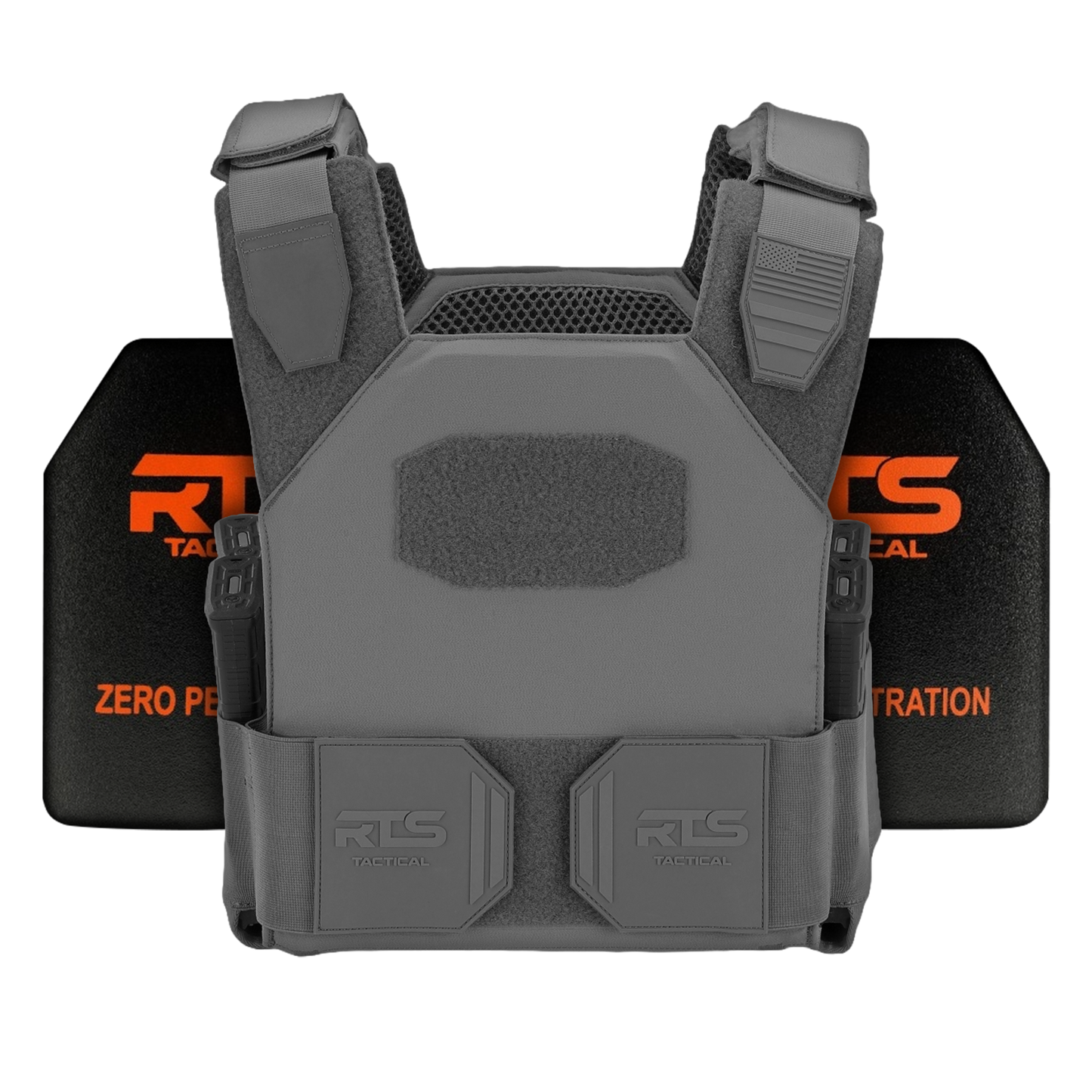 Gray tactical vest with reinforced padding and adjustable straps, displayed in front of two black ceramic panels with orange text.