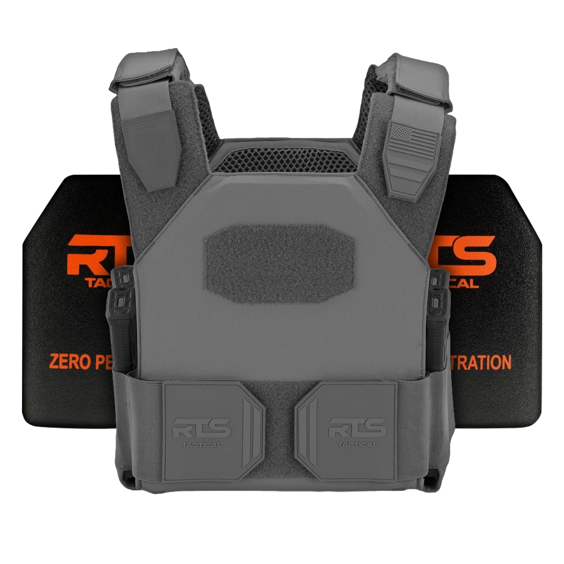 Gray tactical vest with reinforced padding and adjustable straps, displayed in front of two black ceramic panels with orange text.