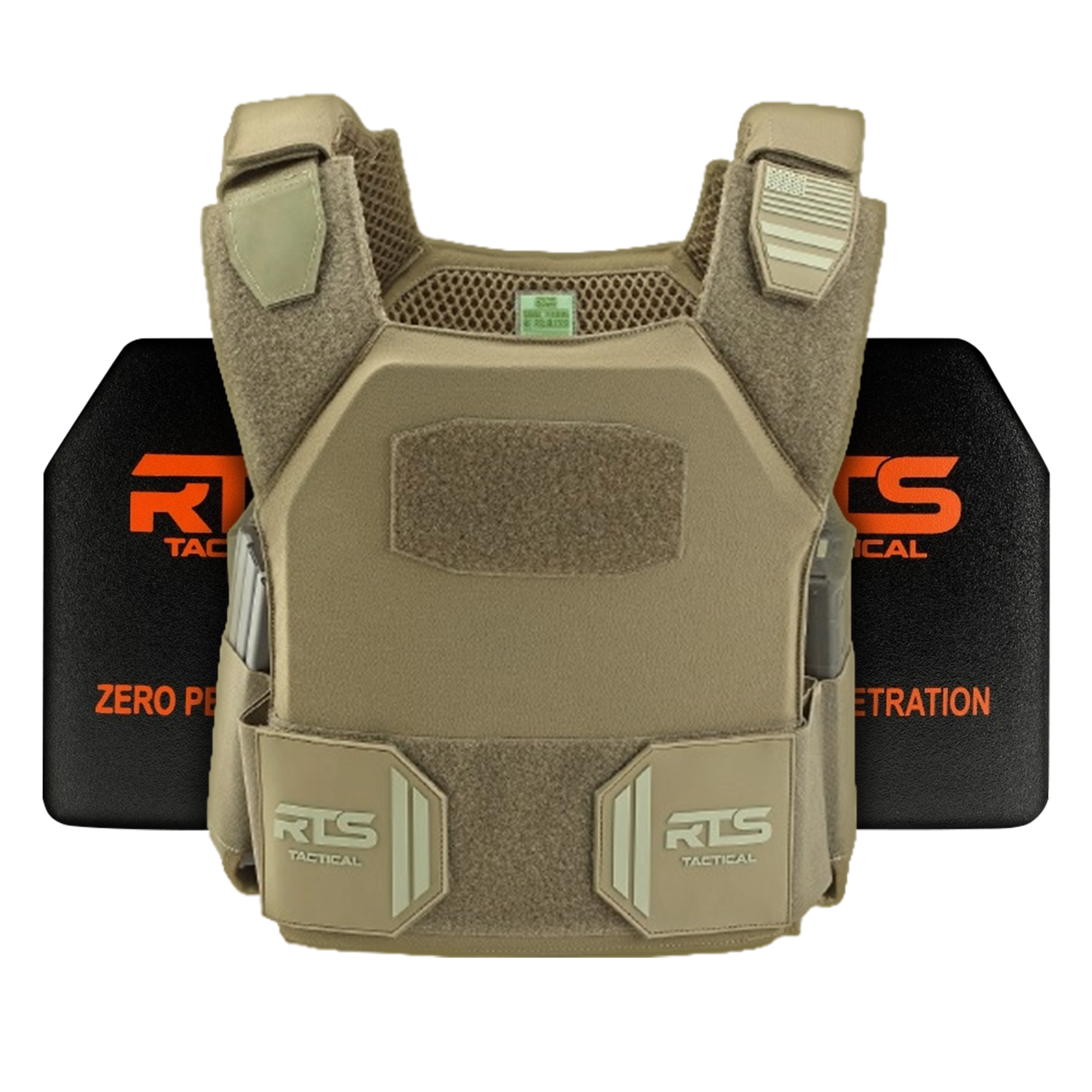 Tactical vest featuring a camouflage design with patches and compartments. Behind it are black plates with orange RTS Tactical logos.