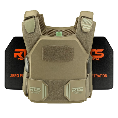 Tactical vest featuring a camouflage design with patches and compartments. Behind it are black plates with orange RTS Tactical logos.