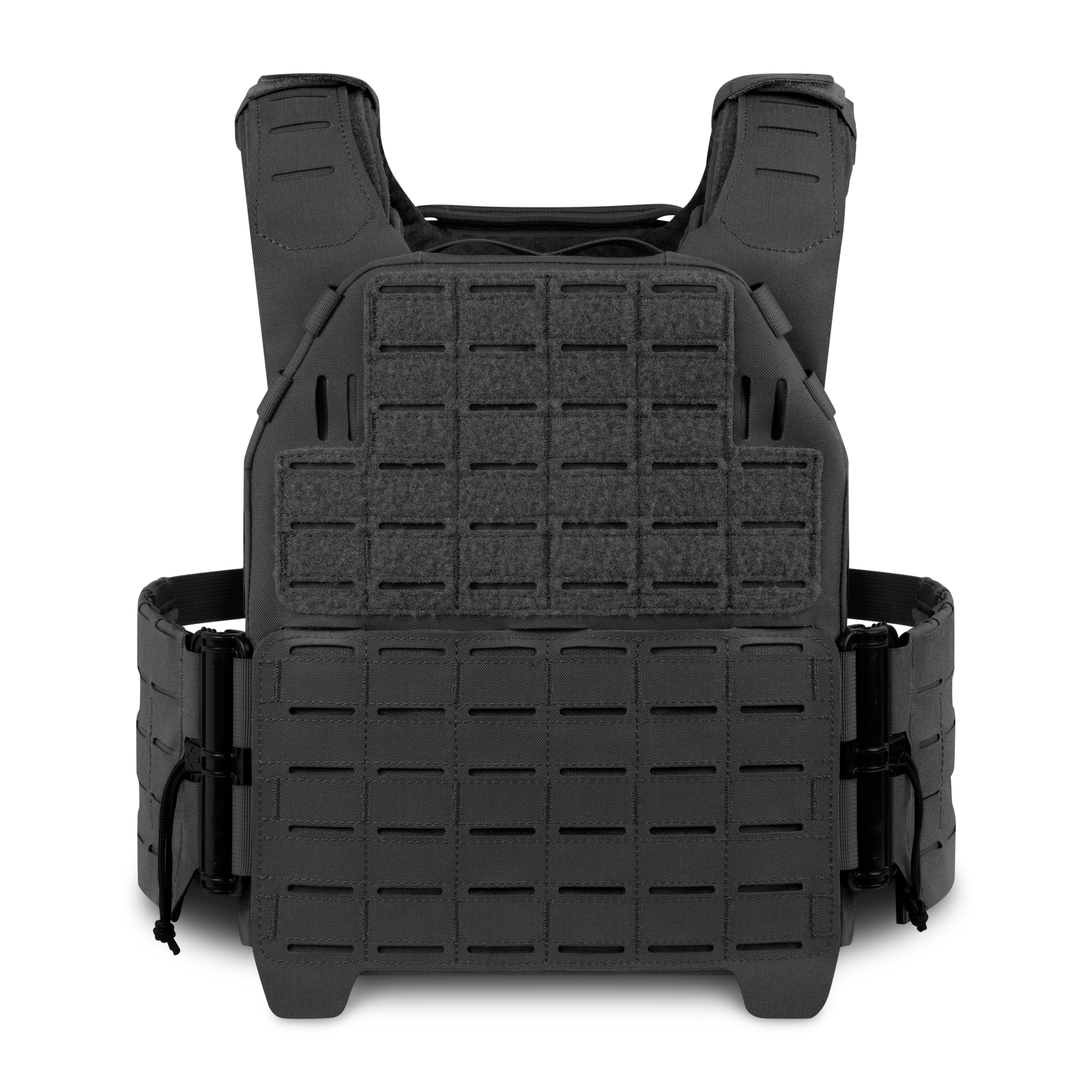 Black tactical vest with a grid pattern for attachment points, facing forward.