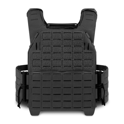 Black tactical vest with a grid pattern for attachment points, facing forward.