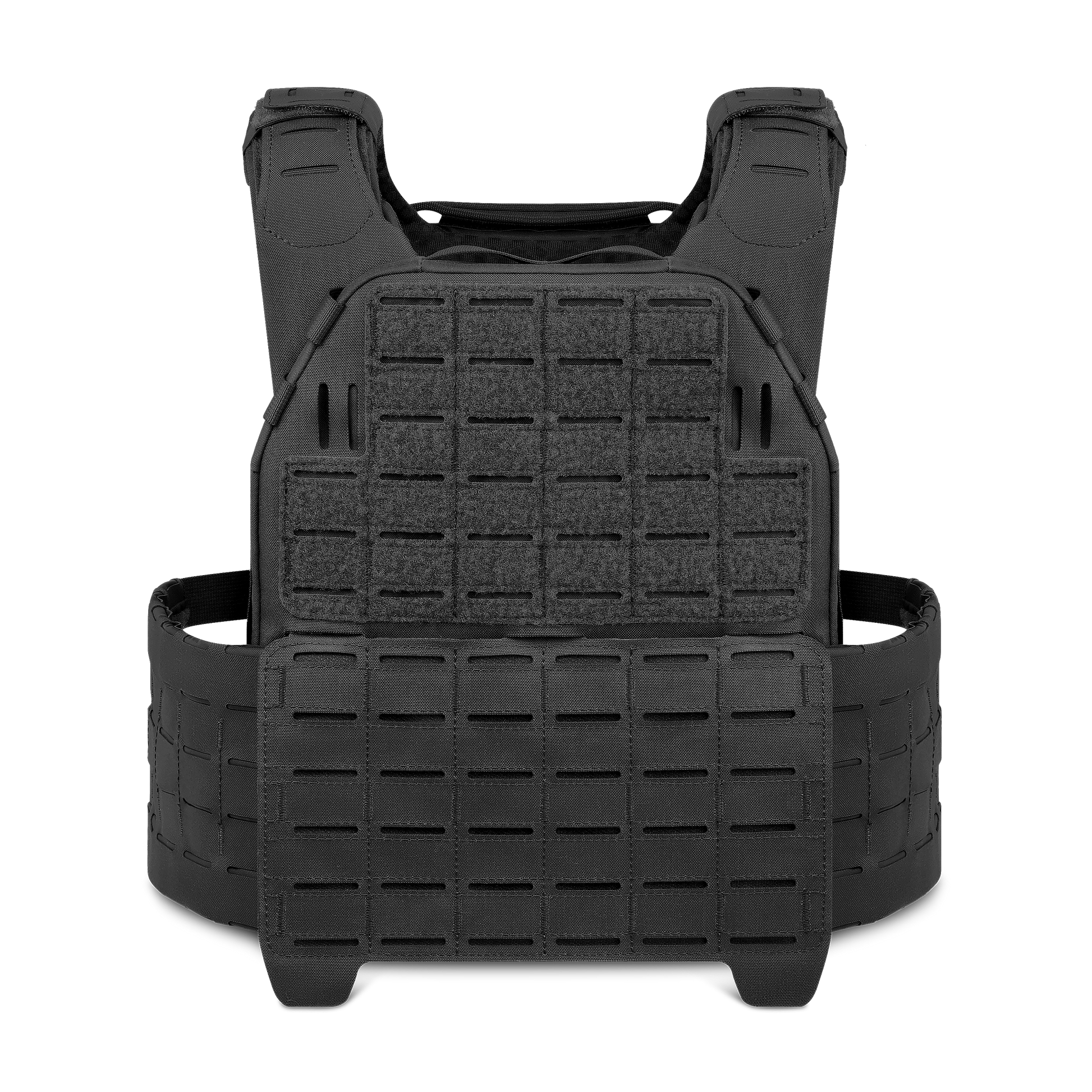 Black tactical vest with modular webbing and padded shoulder straps, displayed flat against a plain background.