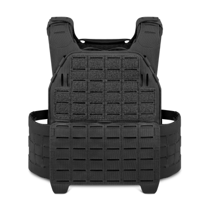 Black tactical vest with modular webbing and padded shoulder straps, displayed flat against a plain background.