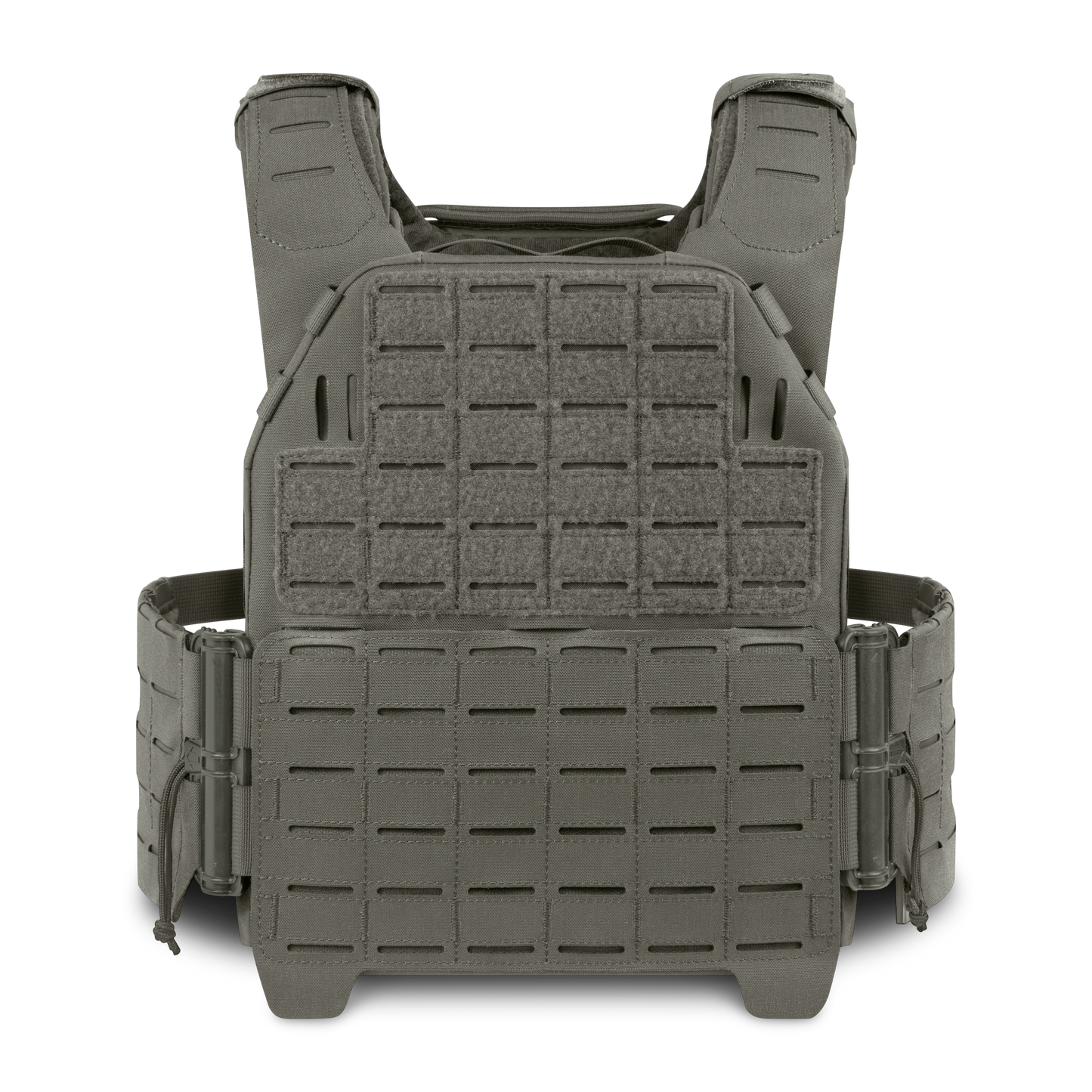 A dark green tactical vest with a grid pattern and adjustable straps is displayed front-facing against a black background.