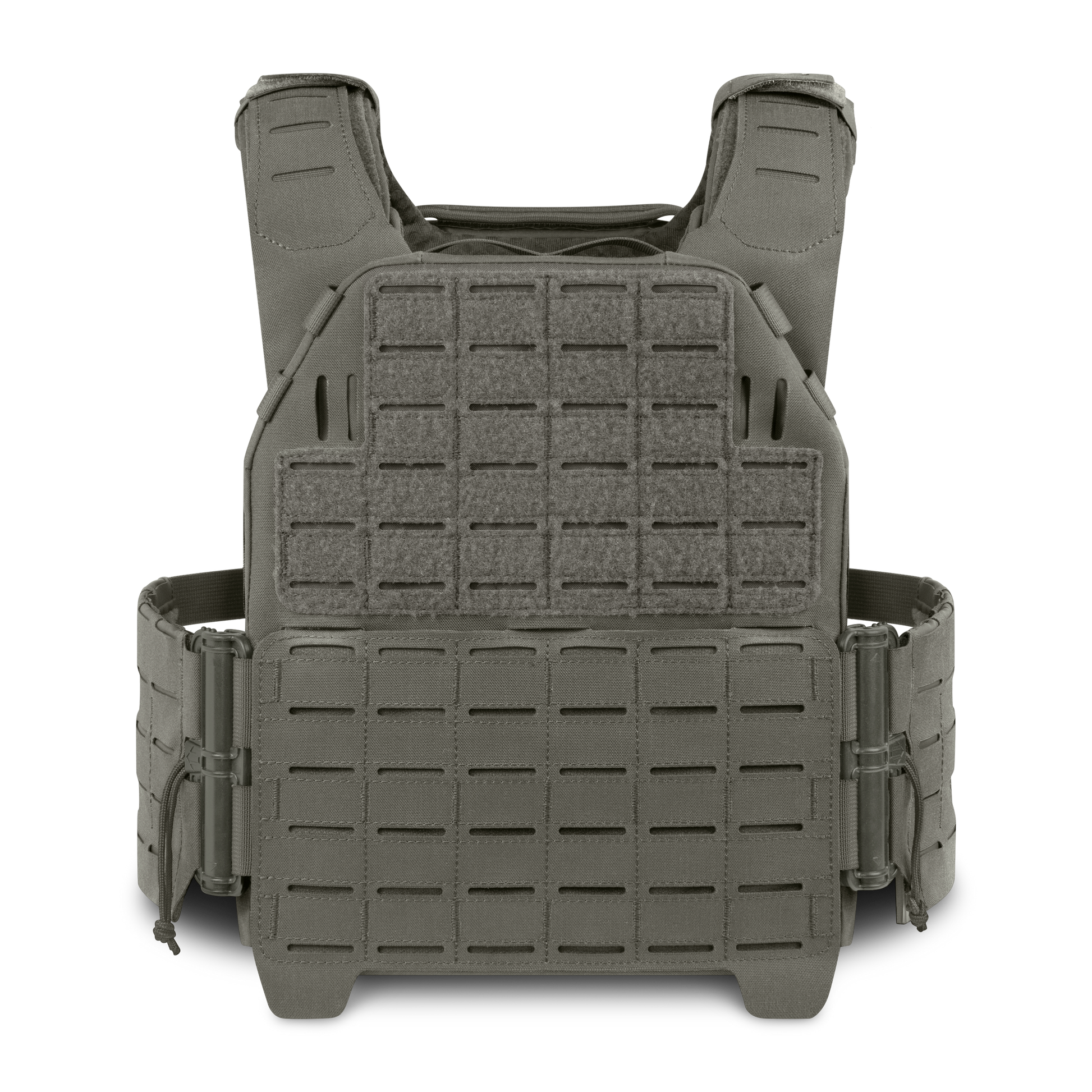 A dark green tactical vest with a grid pattern and adjustable straps is displayed front-facing against a black background.