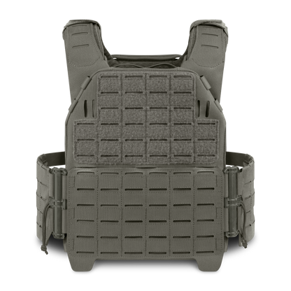 A dark green tactical vest with a grid pattern and adjustable straps is displayed front-facing against a black background.