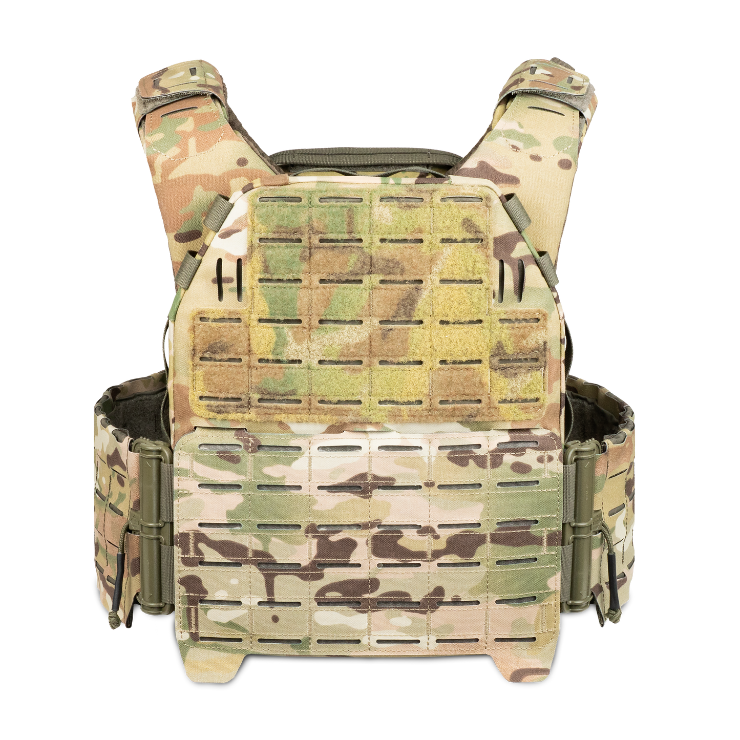 Tactical vest in a camouflage pattern displayed upright, showing front and side views with visible attachment points.