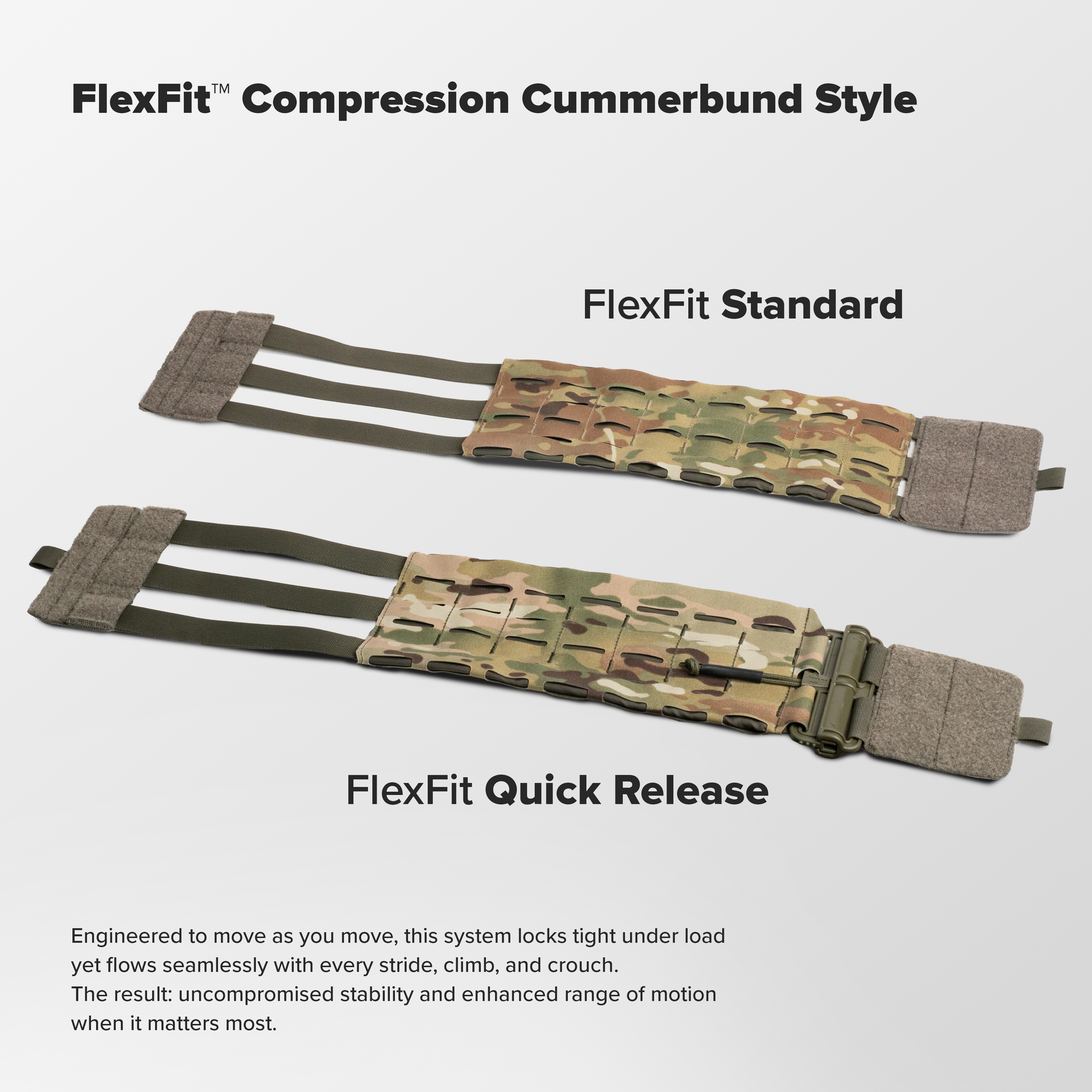 Compression cummerbunds in two styles, one with a standard design and the other featuring a quick-release mechanism, displayed on a light background.