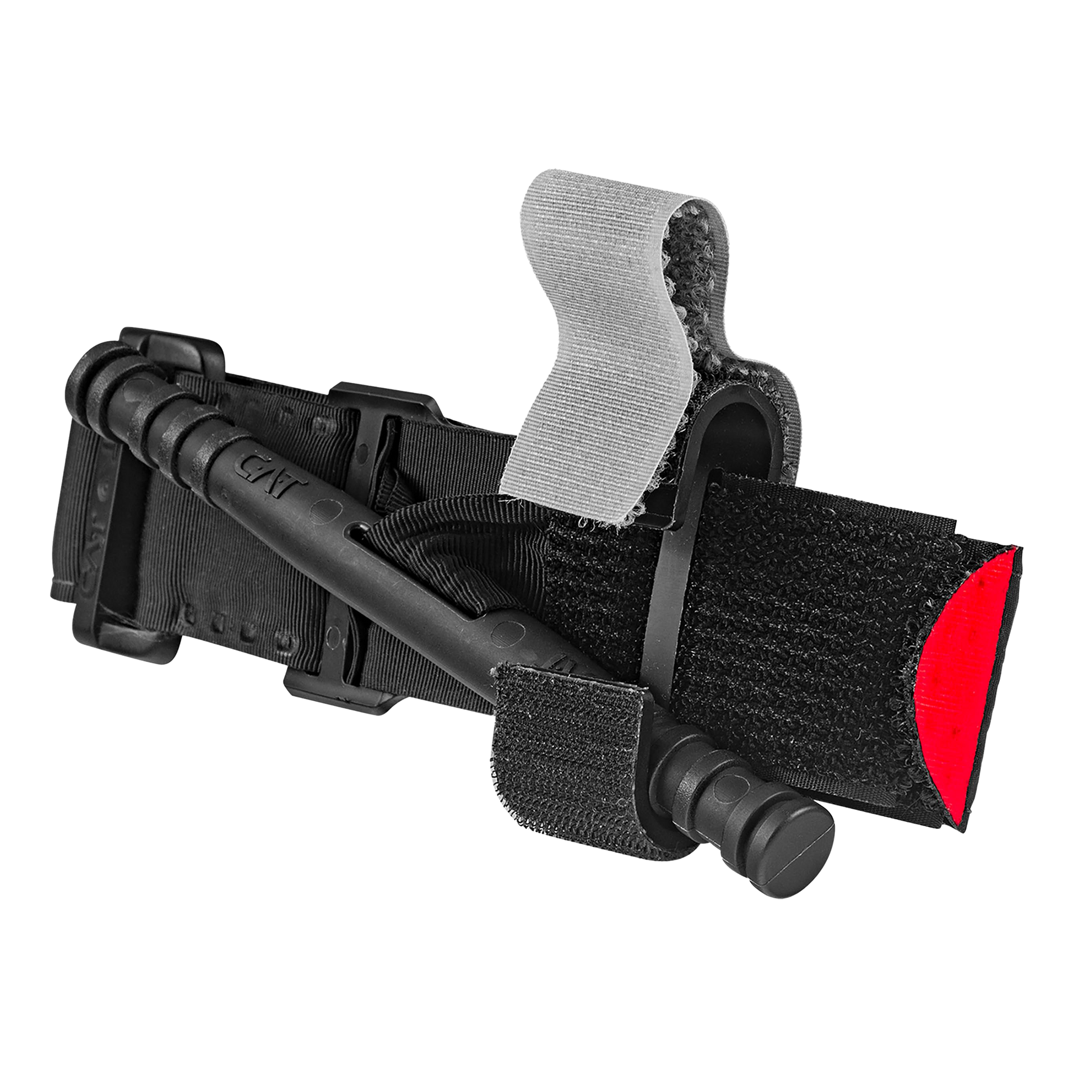 A black and red medical tourniquet with a Velcro strap and plastic twisting mechanism, set against a plain white background.