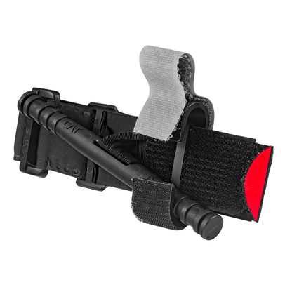 A black and red medical tourniquet with a Velcro strap and plastic twisting mechanism, set against a plain white background.
