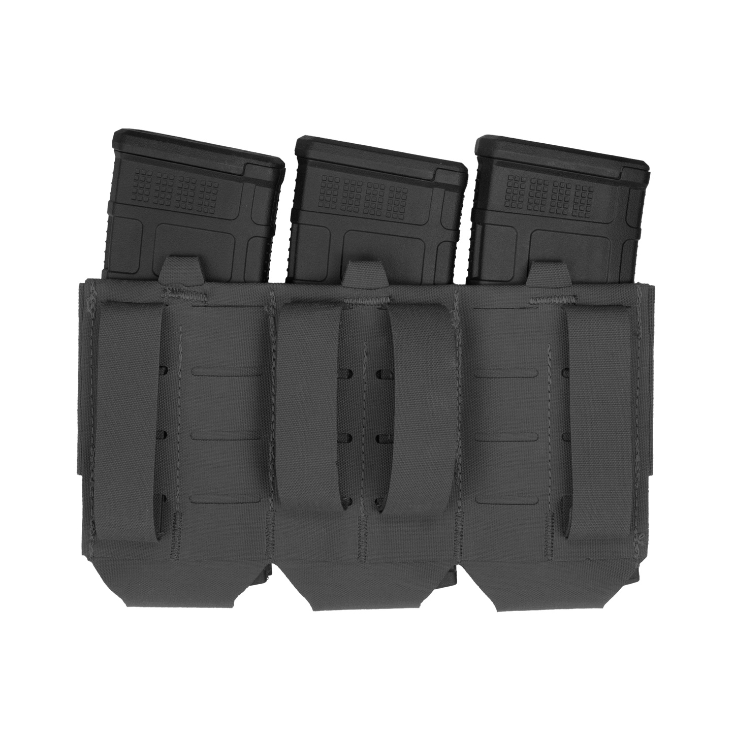 Gray tactical pouch with three Velcro slots, each holding a black rectangular magazine. The design is rugged and ready for military use.
