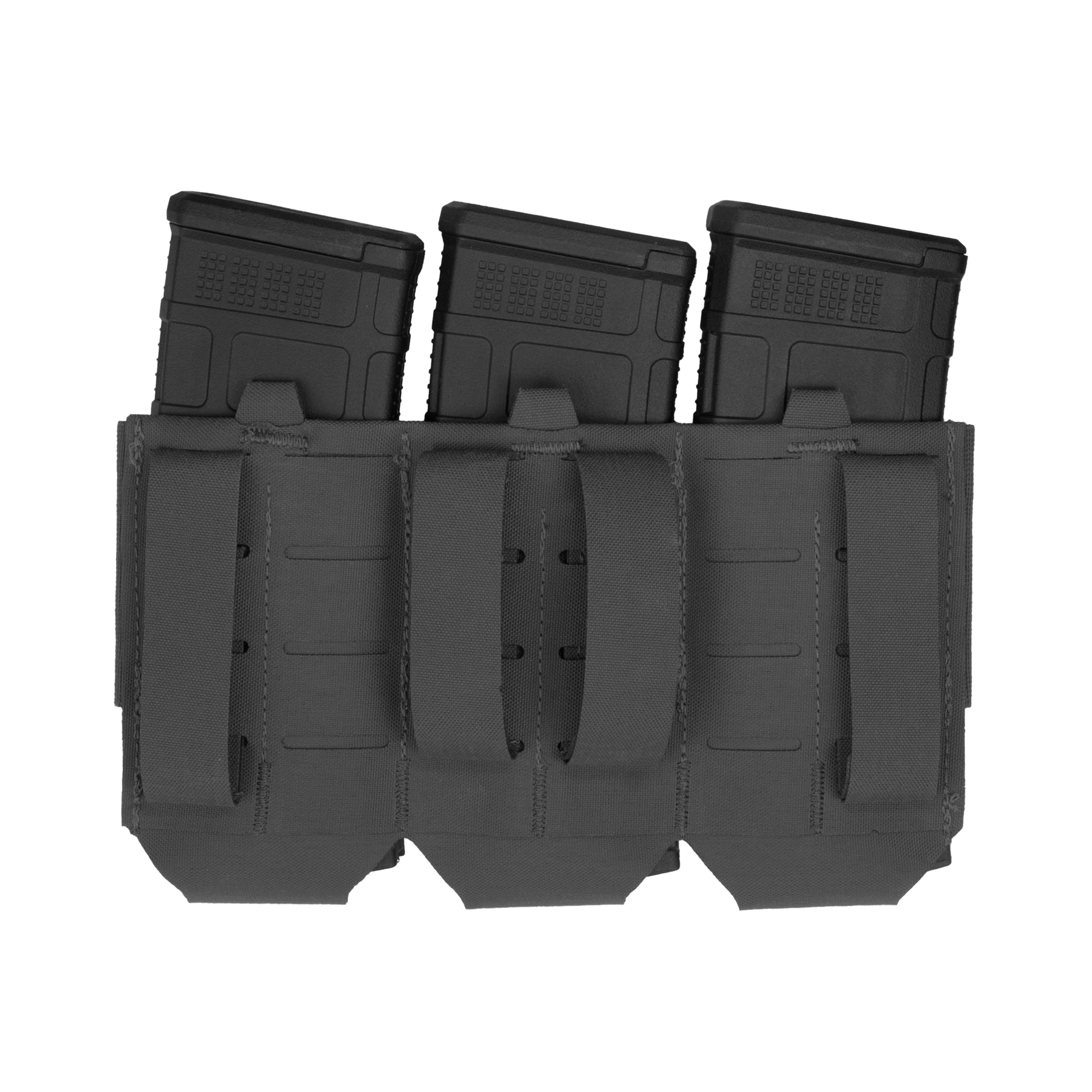 Gray tactical pouch with three Velcro slots, each holding a black rectangular magazine. The design is rugged and ready for military use.