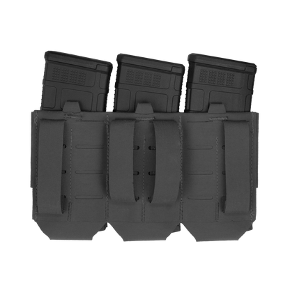Gray tactical pouch with three Velcro slots, each holding a black rectangular magazine. The design is rugged and ready for military use.